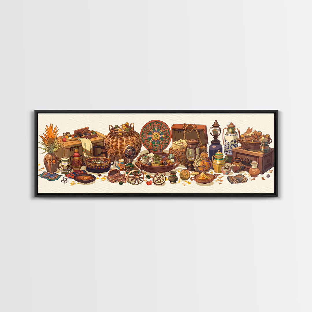 African Market Baskets Spices And Instruments Canvas Print, African Decor, Tribal Art Decor, Cultural Wall Art, Boho Home Decor