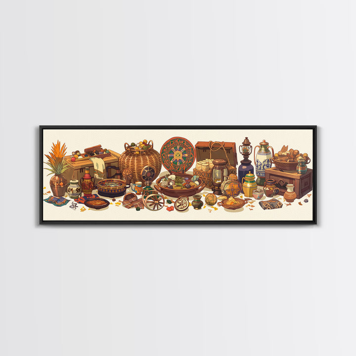 African Market Baskets Spices And Instruments Canvas Print, African Decor, Tribal Art Decor, Cultural Wall Art, Boho Home Decor