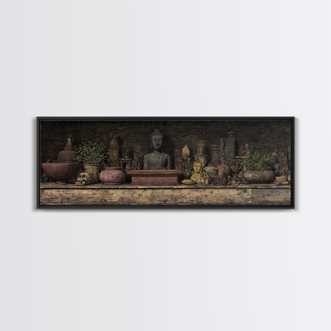 Buddha Shrine Shelf With Plants And Artifacts Wall Art, African Inspired Boho Decor, Rustic Spiritual Living Room Canvas