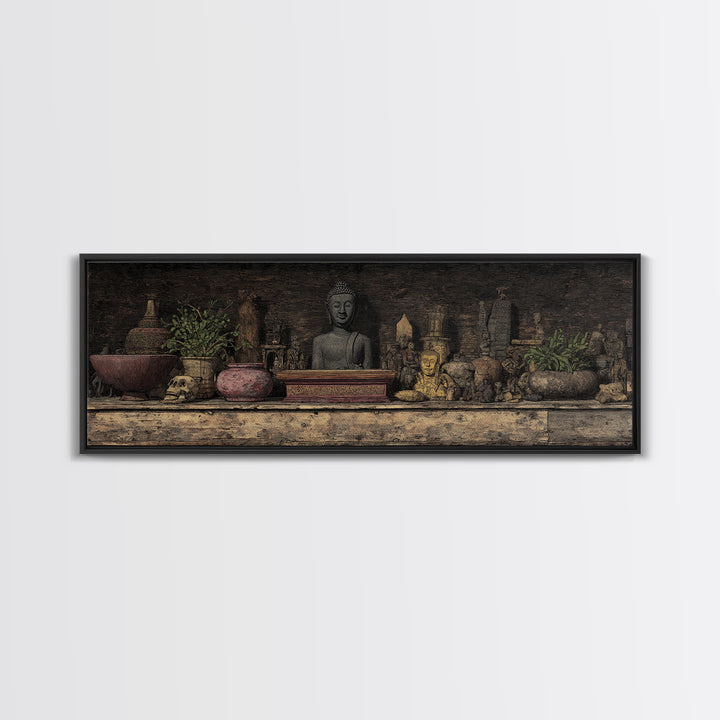 Buddha Shrine Shelf With Plants And Artifacts Wall Art, African Inspired Boho Decor, Rustic Spiritual Living Room Canvas