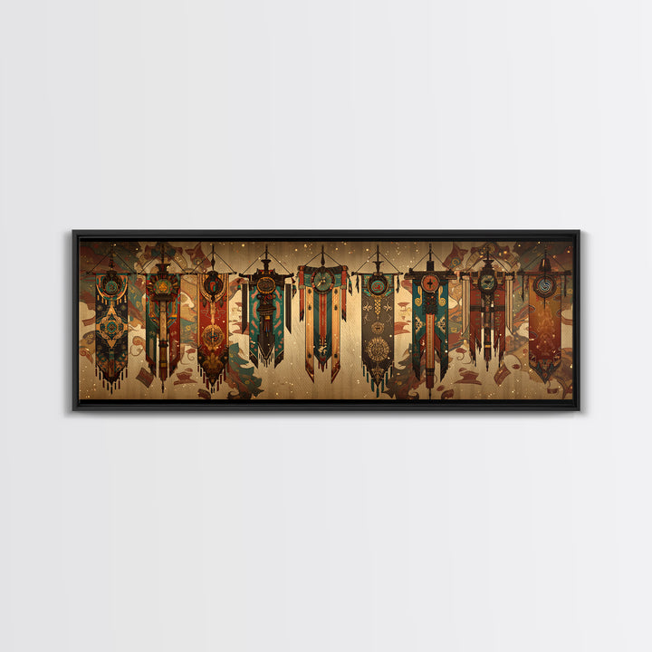 African Tribal Hanging Banners With Symbols Framed Canvas Print, Ethnic Wall Decor, Boho Patterns, Cultural Home Decor For Living Room