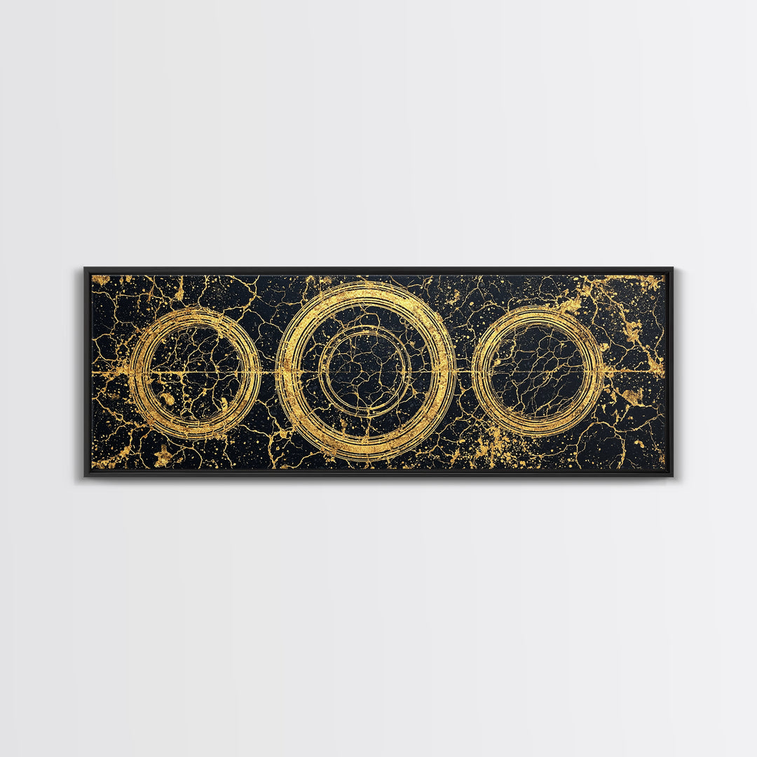 Gold Concentric Circles On Black Cracked Stone Wall Art, Geometric Canvas Print, Modern Luxury Decor, Abstract Pattern Art