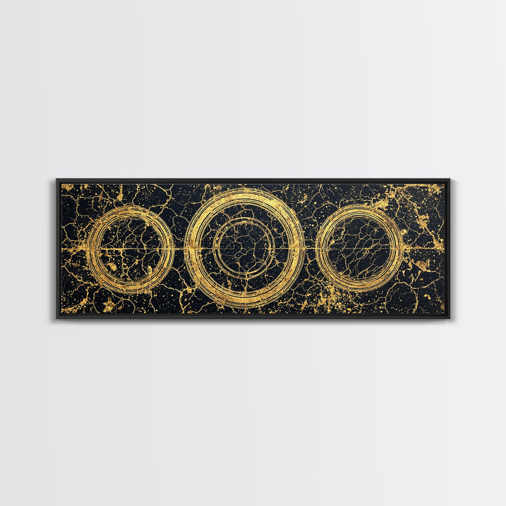 Gold Concentric Circles On Black Cracked Stone Wall Art, Geometric Canvas Print, Modern Luxury Decor, Abstract Pattern Art