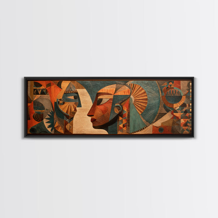 Cubist African Woman Profile Wall Art, Earth Tone Tribal Portrait, Abstract African Art Decor, Panoramic Canvas Print Gift