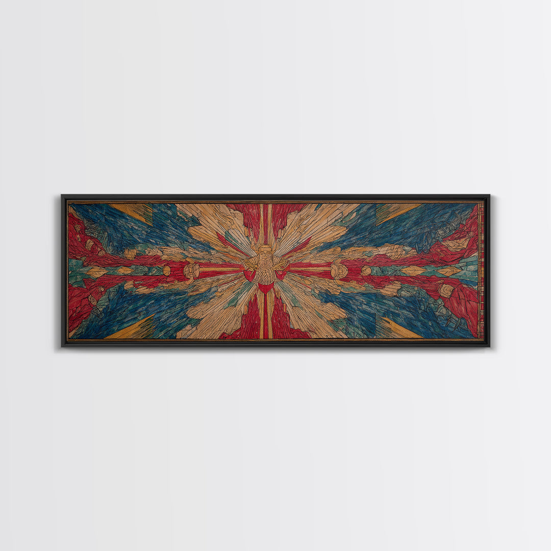 Radiant Dove Cross Abstract Wall Art, Red Blue Spiritual Canvas Print, Contemporary African Inspired Decor, Statement Gift