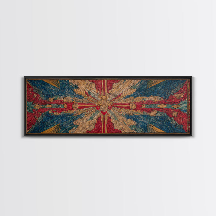 Radiant Dove Cross Abstract Wall Art, Red Blue Spiritual Canvas Print, Contemporary African Inspired Decor, Statement Gift