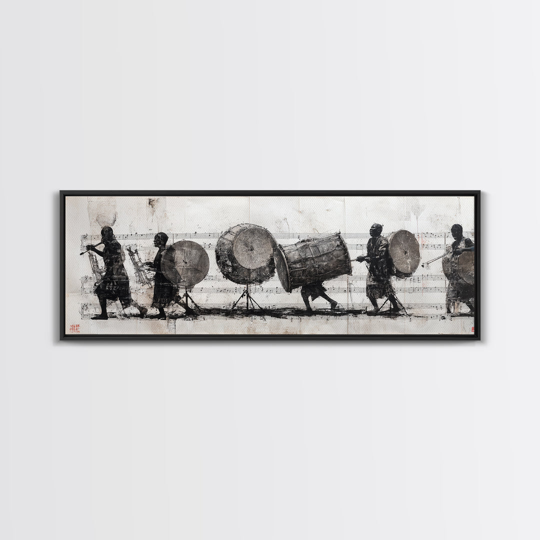Monochrome African Drummers Wall Art, Tribal Music Procession Canvas Print, Cultural Black Art For Home Office Decor Gift