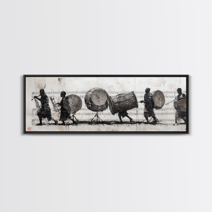 Monochrome African Drummers Wall Art, Tribal Music Procession Canvas Print, Cultural Black Art For Home Office Decor Gift