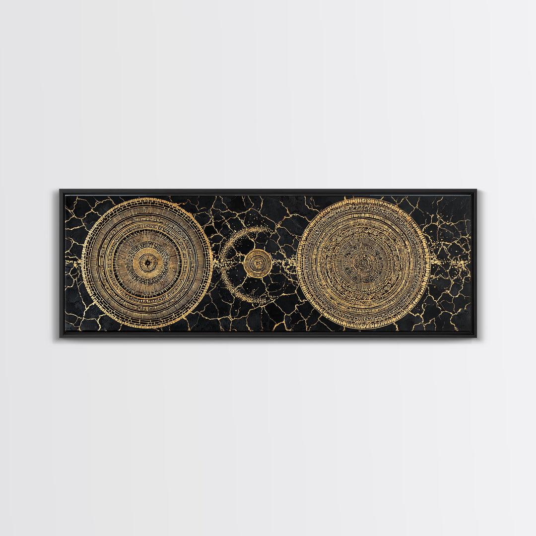 Gold Celestial Mandala Circles On Black Stone Wall Art, Abstract Wall Art, Luxury Canvas Print, Modern Home Decor, Statement Wall Decor