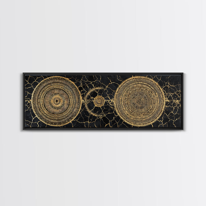 Gold Celestial Mandala Circles On Black Stone Wall Art, Abstract Wall Art, Luxury Canvas Print, Modern Home Decor, Statement Wall Decor