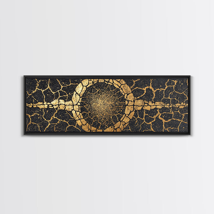 Gold Cracked Stone Circle With Cosmic Spark Wall Art, Abstract Black Art Canvas Print, Textured Modern Wall Decor, Statement Decor