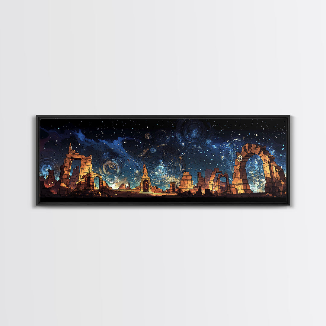 Starry Temple Ruins With Blue Gold Celestial Sky Wall Art, Framed Canvas Print, Mystical Decor, Large Statement Wall Decor