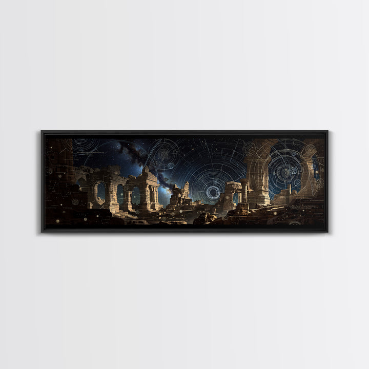 Dark Celestial Ruins With Ancient Arches Wall Art, Framed Canvas Print, Mystical Gothic Decor, Large Statement Wall Decor