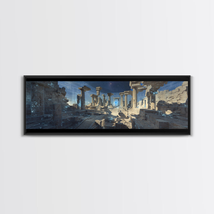 Blue Futuristic Column Ruins With Digital Grid Canvas Print, Modern Wall Art, Sci Fi Office Decor, Large Wall Decor, Unique Home Decor