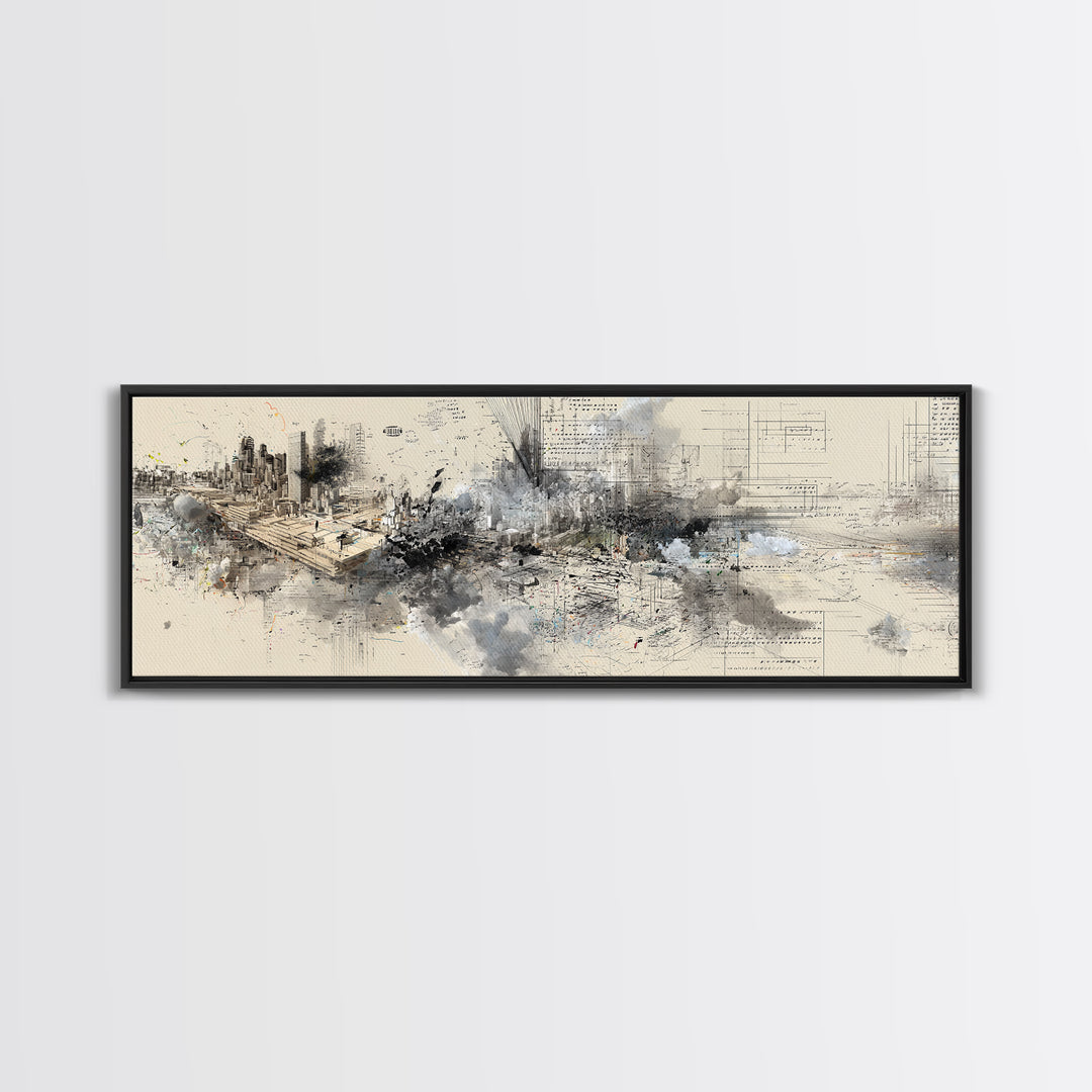 Modern Urban Skyline Wall Art, Abstract Architecture Drawing, Contemporary Office Decor, Neutral City Canvas Print Gift For Loft