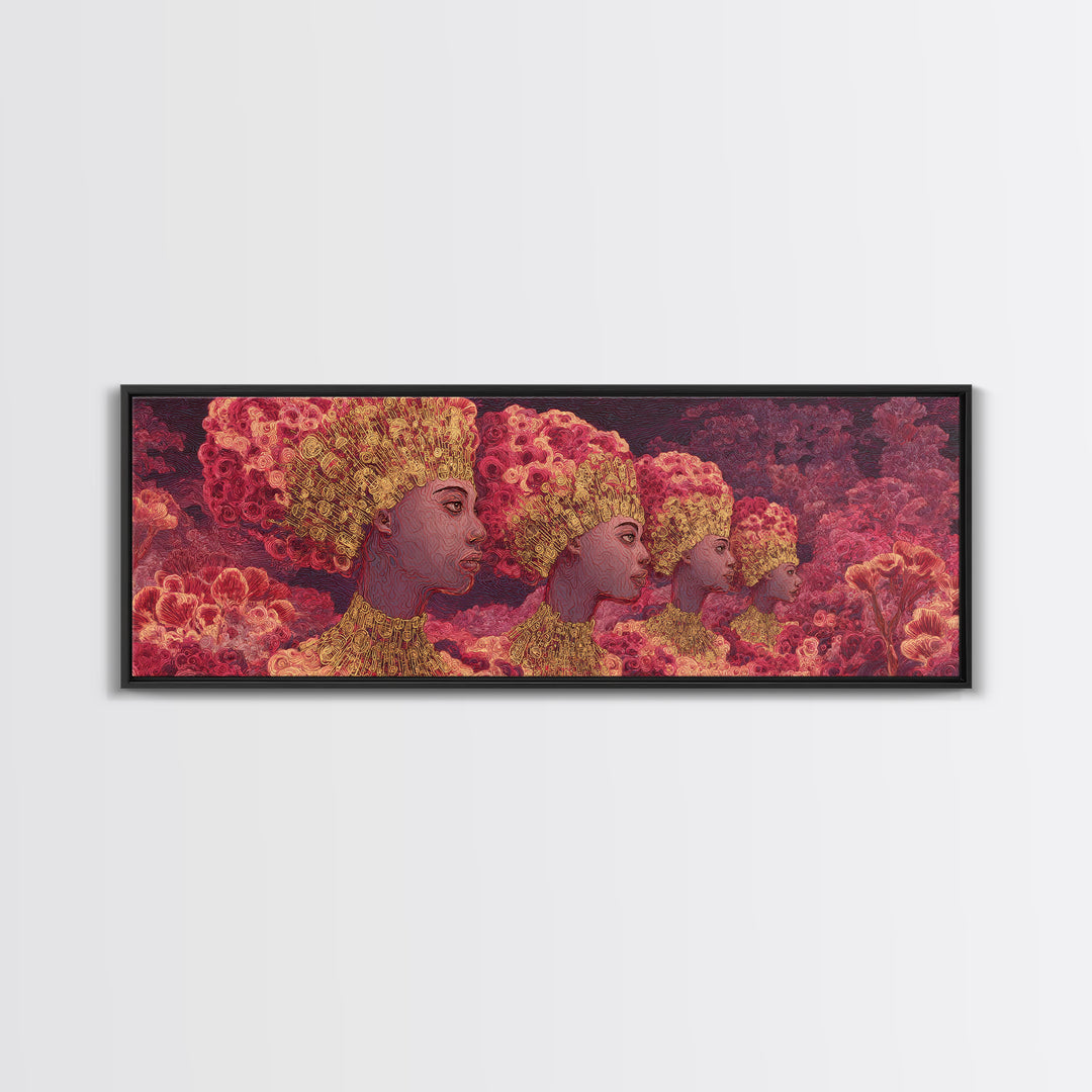 Pink Rose Garden Afro Women Portrait Wall Art, Floral Black Beauty Canvas Print, Feminine Afrocentric Decor, Melanin Gift For Her