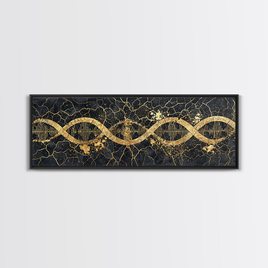 Gold DNA Helix Wall Art, Abstract Luxury Science Canvas Print, Black And Gold Design, Modern Office Decor For Biology Gift