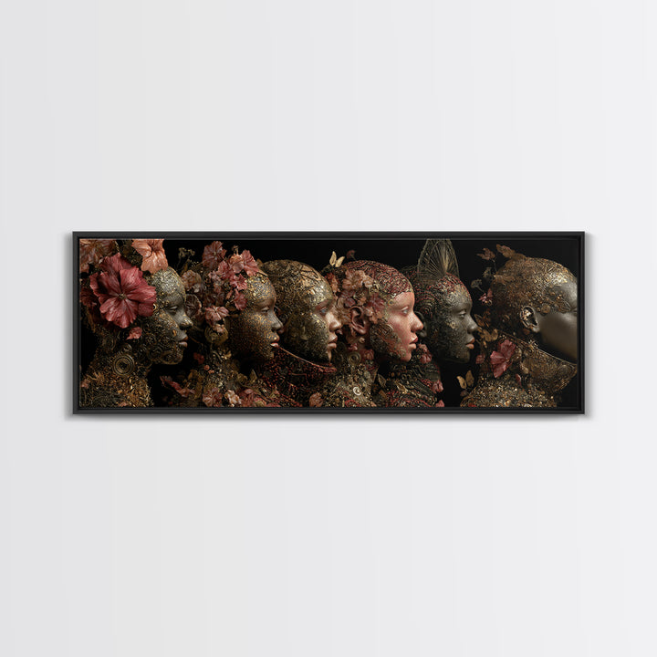 Black Goddess Floral Portrait Wall Art, Elegant Women Canvas Print, Afrocentric Luxury Decor, Dark Botanical Gift For Her