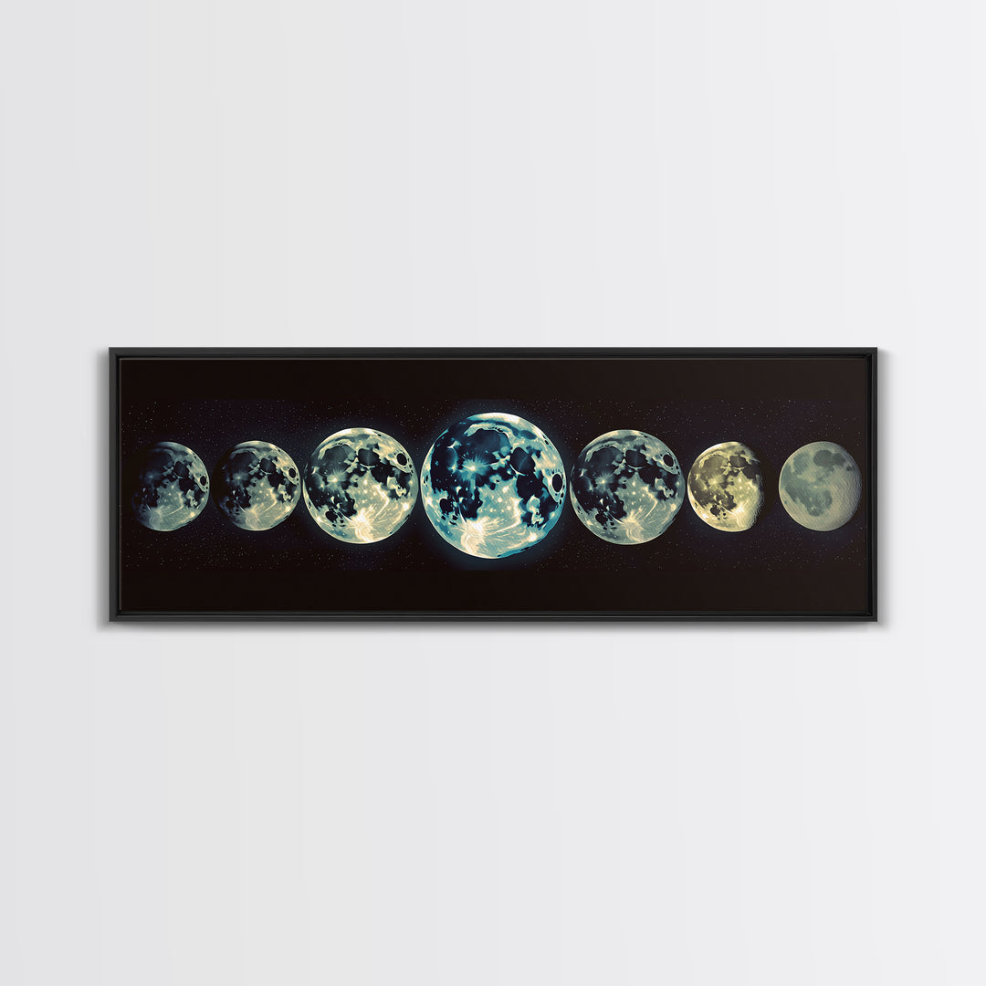 Glowing Moon Phases Canvas Print, Celestial Wall Art, Black Art Print, Dreamy Wall Art, Bedroom Wall Decor, Unique Gift, Poster