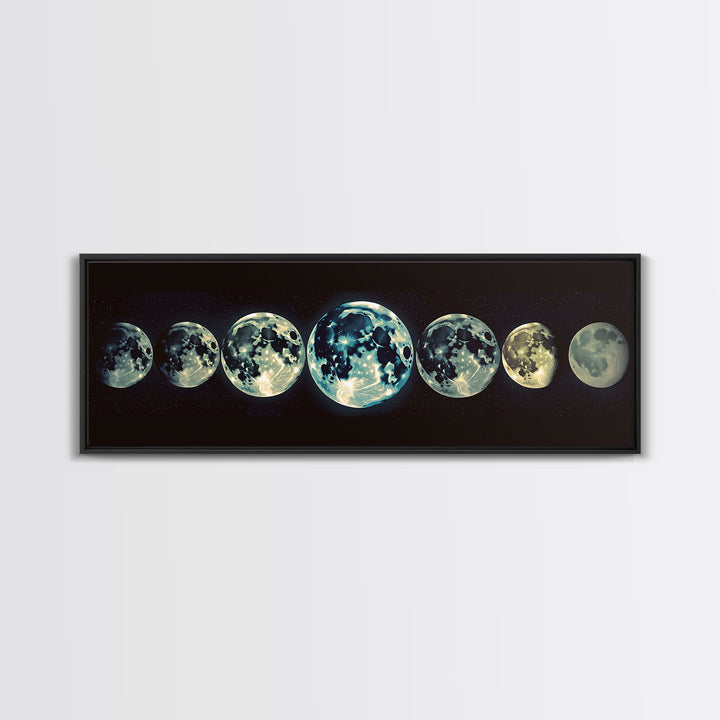 Glowing Moon Phases Canvas Print, Celestial Wall Art, Black Art Print, Dreamy Wall Art, Bedroom Wall Decor, Unique Gift, Poster