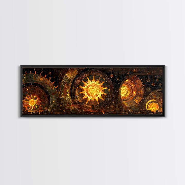 Golden Celestial Clockwork Suns Wall Art, Afrofuturism Decor, African Inspired Abstract, Luxury Canvas For Living Room Decor