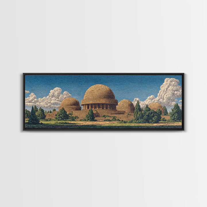 Afrofuturist Domed Village Mountains Wall Art, African Inspired Architecture Canvas Print, Teal Landscape Home Decor Gift