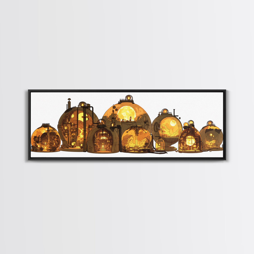 Golden Futuristic Pod Homes Canvas Print, Afrofuturism Decor, African Inspired Architecture Wall Art, Unique Home Decor Gift