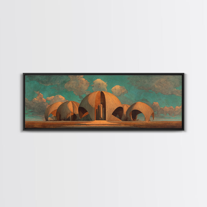 Desert Earthen Dome Sanctuary Framed Canvas Print, African Inspired Architecture Wall Art, Boho Earth Tone Home Decor Gift