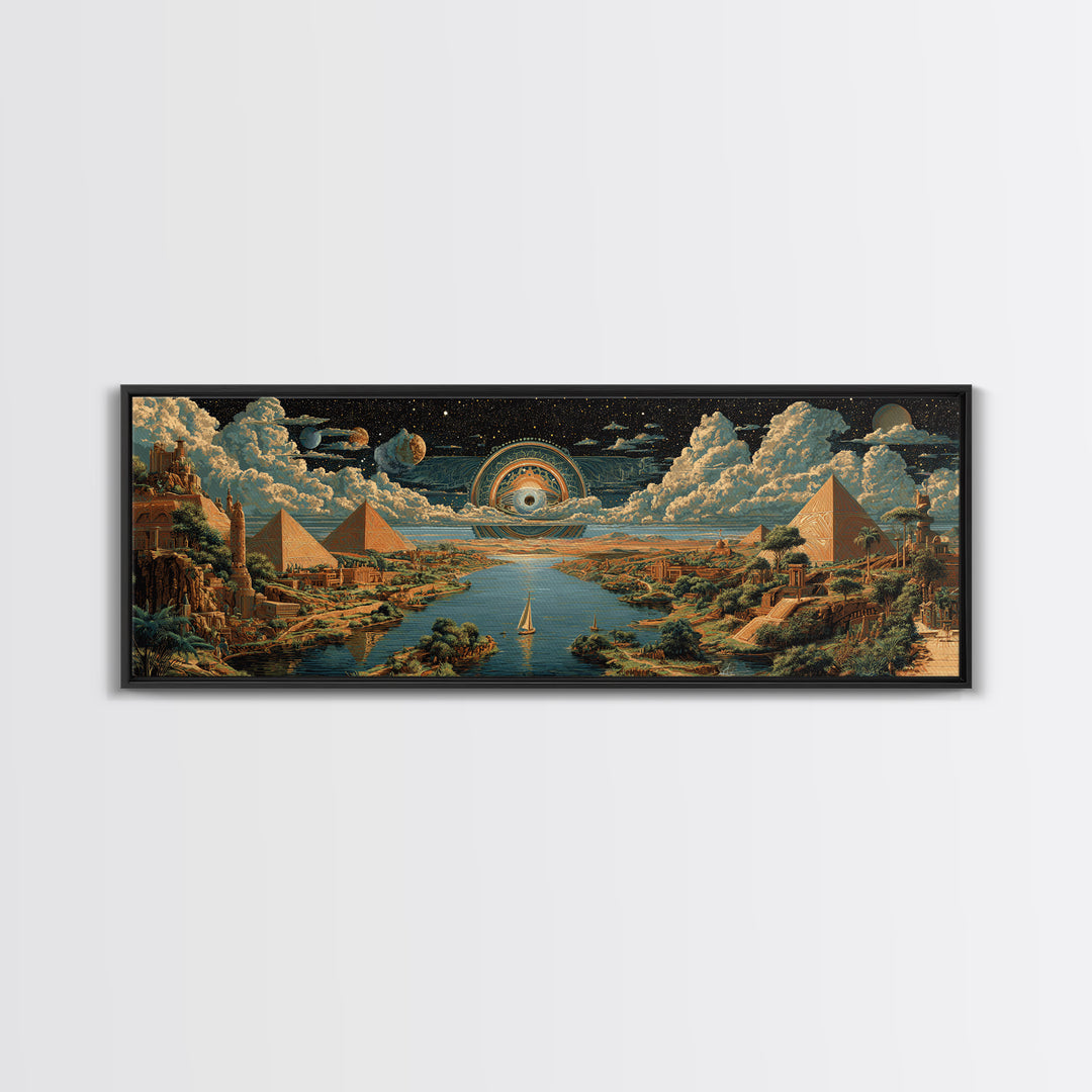 Surreal Egyptian Pyramids And Cosmic Eye Canvas Print African Landscape Art Ancient Egypt Wall Decor Mystical Travel Poster