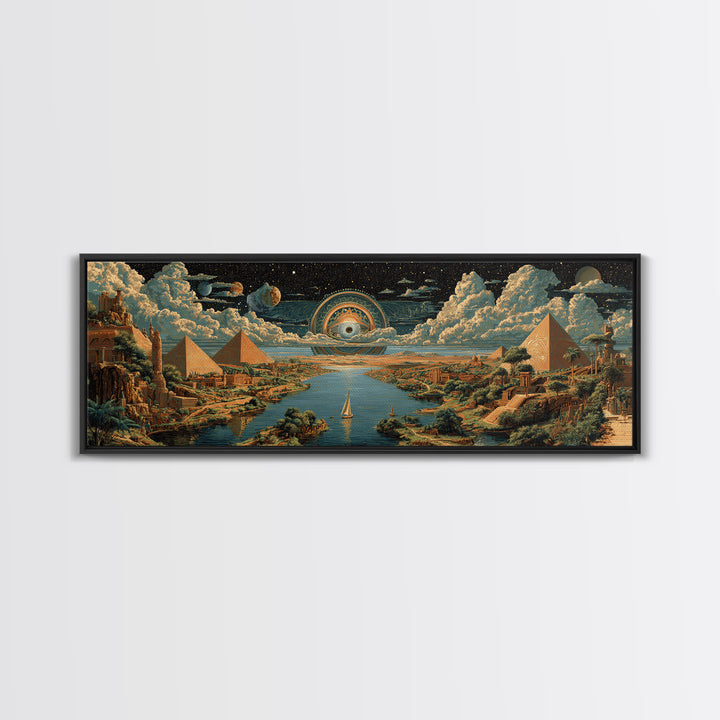 Surreal Egyptian Pyramids And Cosmic Eye Canvas Print African Landscape Art Ancient Egypt Wall Decor Mystical Travel Poster