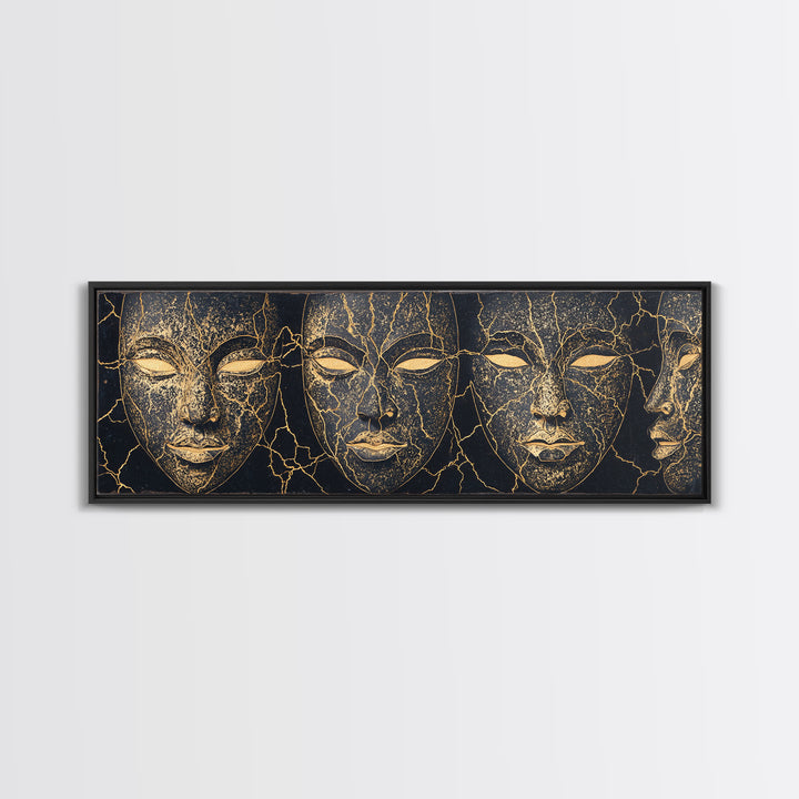Black And Gold Cracked Mask Faces Framed Canvas Print, African Tribal Art, Elegant Afrocentric Wall Decor, Luxury Home Decor