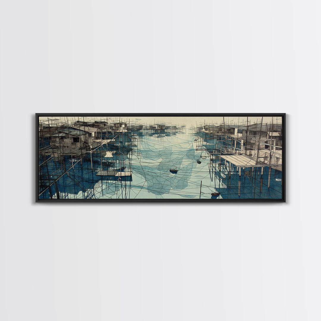 Rustic Stilt Fishing Village Harbor Wall Art, Blue Coastal Landscape Canvas Print, Nautical Decor, Large Living Room Art