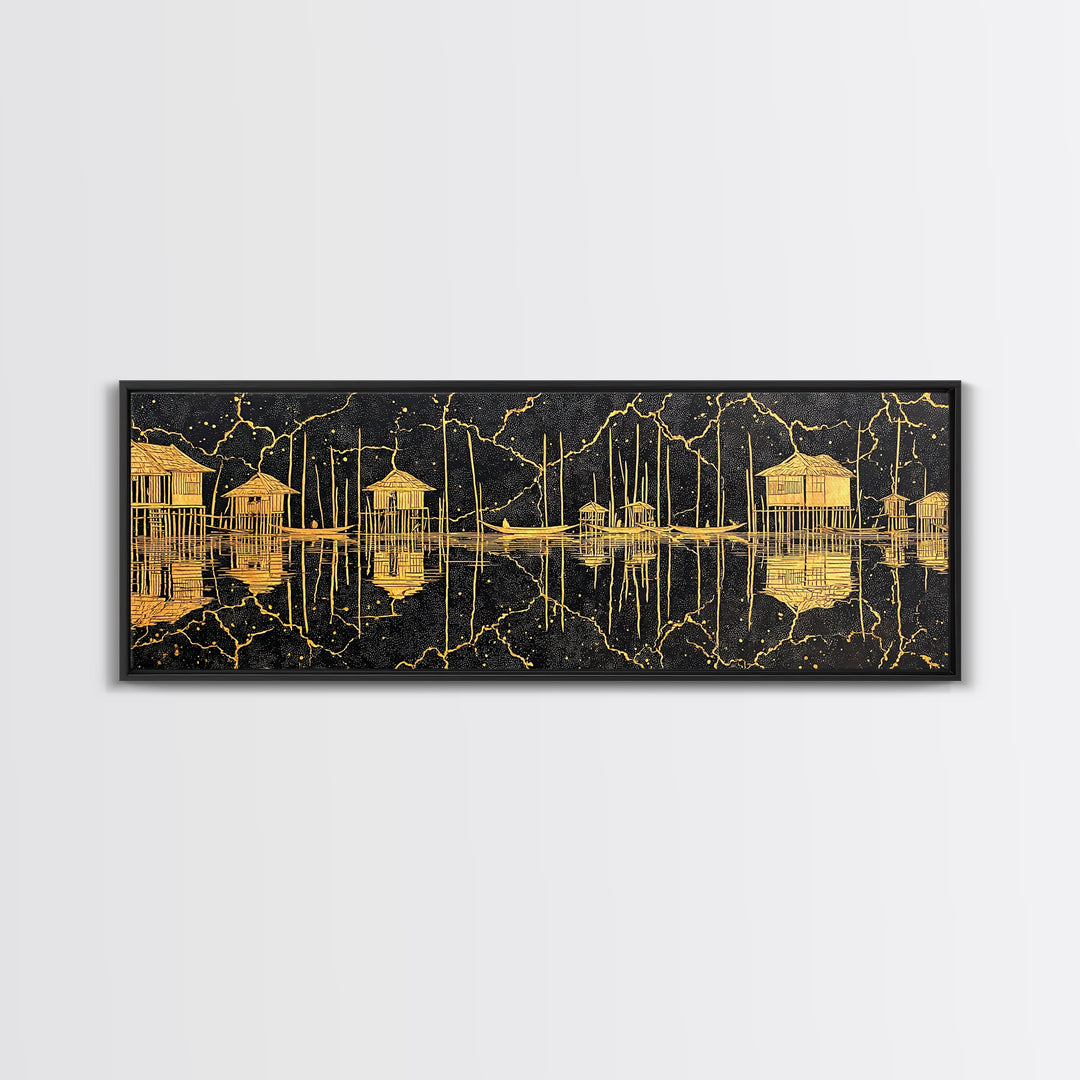 Gold Stilt Hut Reflections On Black Wall Art, Abstract Coastal Canvas Print, Luxury Modern Decor, Statement Living Room Art