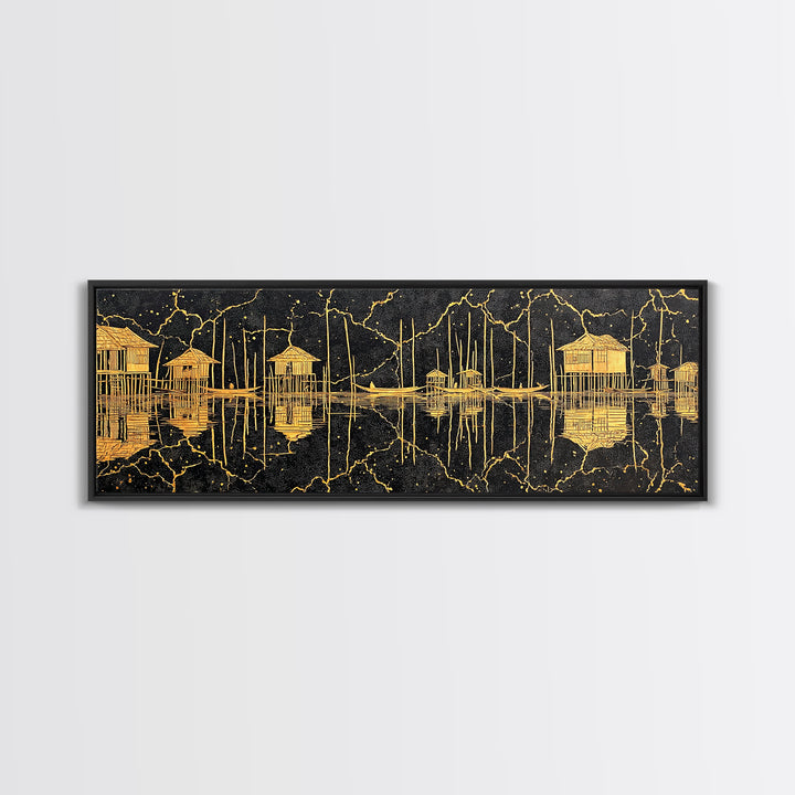 Gold Stilt Hut Reflections On Black Wall Art, Abstract Coastal Canvas Print, Luxury Modern Decor, Statement Living Room Art