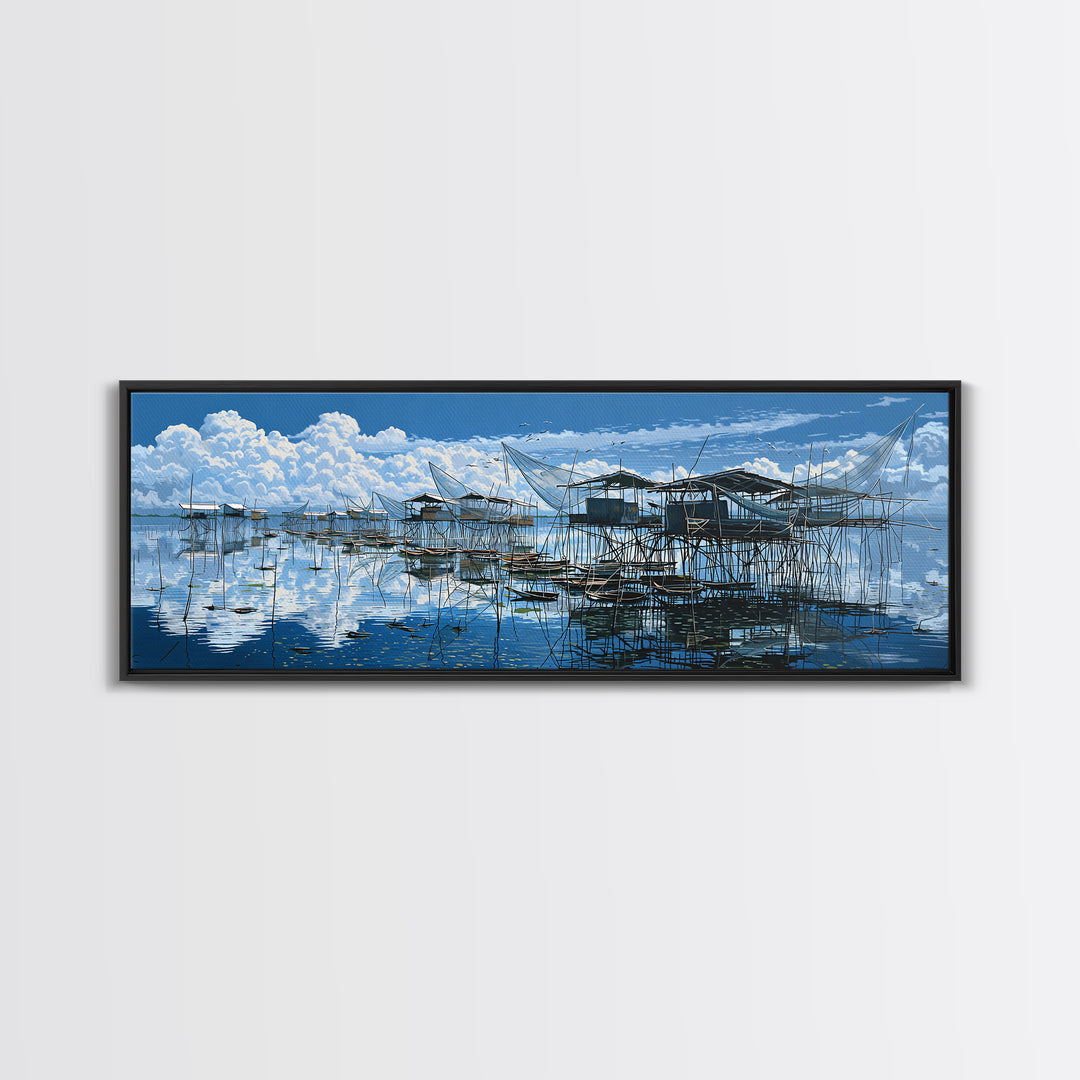 Blue Stilt Fishing Village Panorama Wall Art, Coastal Canvas Print, Bright Seascape Decor, Large Nautical Living Room Art