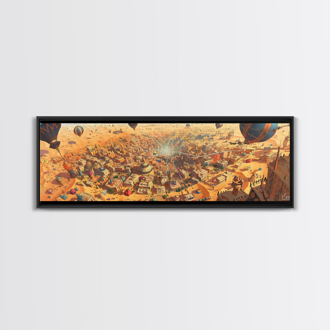 Sunlit Desert Fantasy City With Hot Air Balloons Wall Art, Golden Canvas Print, Vibrant Travel Decor For Living Room Art
