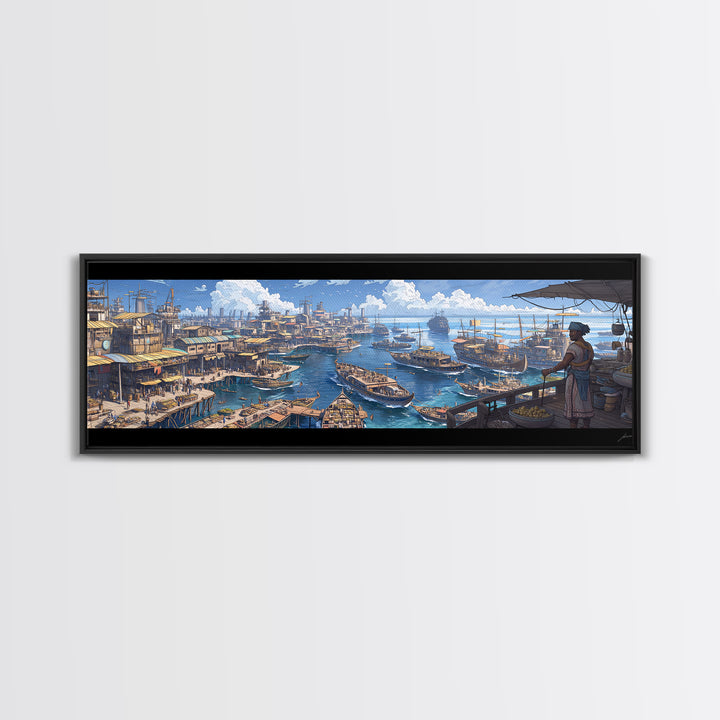 Busting Coastal Canal Market Panorama Wall Art, Blue Harbor Canvas Print, Mediterranean Style Decor, Large Living Room Art