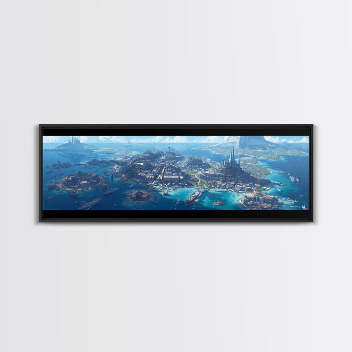Futuristic Island Harbor City Aerial Wall Art, Turquoise Canvas Print, Epic Coastal Landscape Decor, Large Modern Wall Art