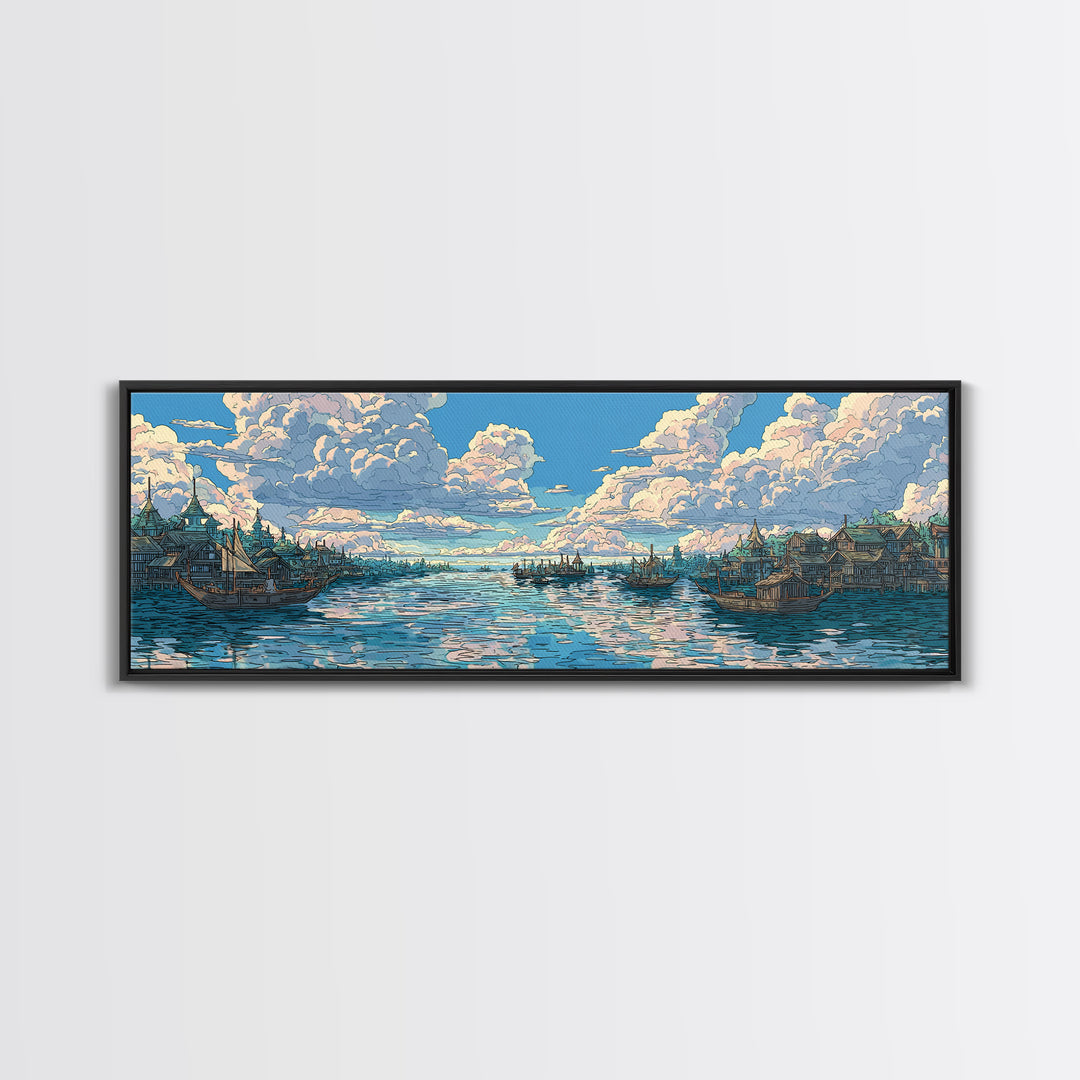 Cloud Filled Harbor Village And Calm Sea Wall Art, Pastel Blue Canvas Print, Coastal Home Decor, Large Living Room Art Print
