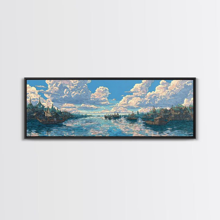 Cloud Filled Harbor Village And Calm Sea Wall Art, Pastel Blue Canvas Print, Coastal Home Decor, Large Living Room Art Print