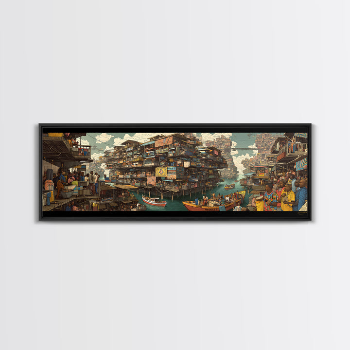Vibrant Floating African Canal City Wall Art, Afrocentric Market Boats, Cultural Waterfront Decor, Panoramic Canvas Print