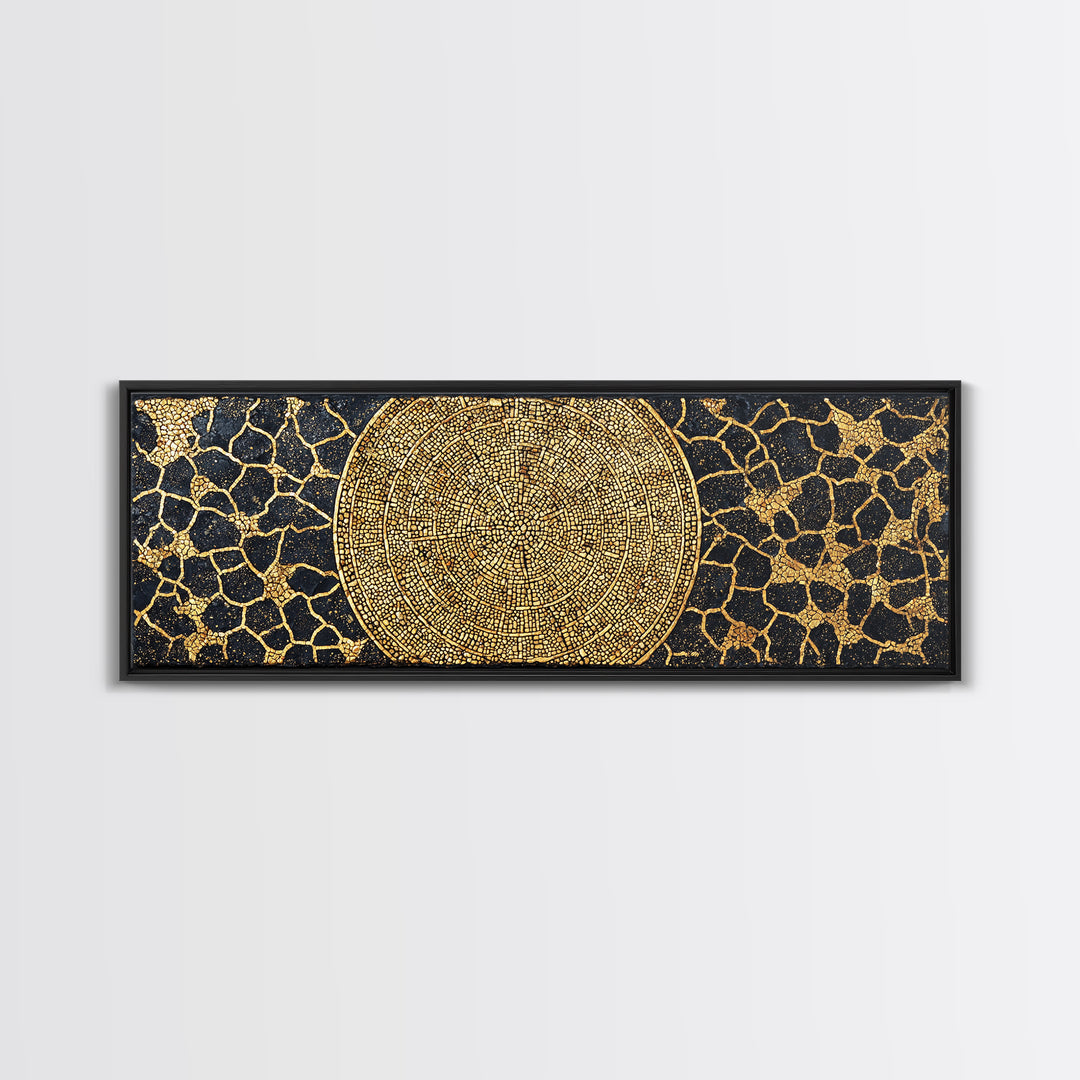 Gold African Mosaic Mandala Canvas Print, Cracked Black Texture, Luxury Abstract Wall Art, Elegant Afrocentric Home Decor
