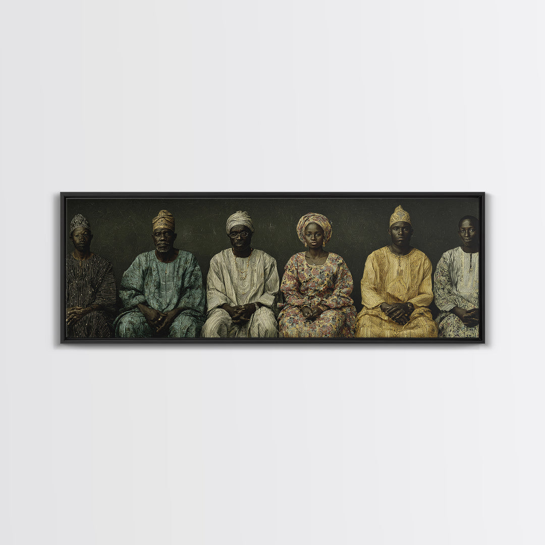 Elegant Seated African Royal Family Wall Art, Traditional Robes, Black Heritage Portrait, Afrocentric Framed Canvas Print
