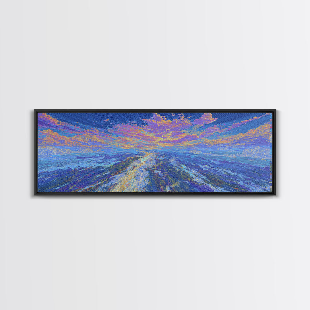 Dreamy Blue Abstract African Landscape Wall Art, Ocean Path Sunset, Textured Modern Canvas Print, Serene Home Decor Gift