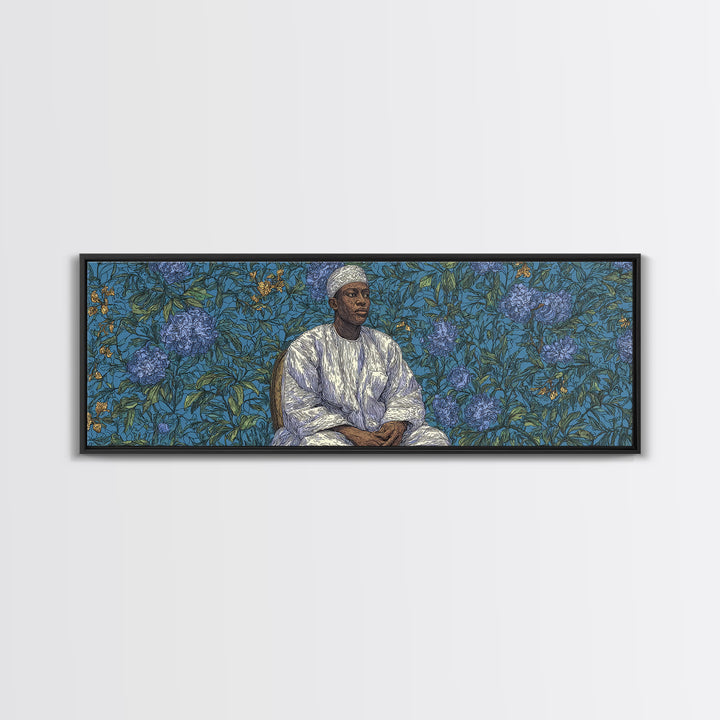 Contemplative African Man Floral Portrait Wall Art, Blue Botanical Pattern, Cultural Framed Canvas Print, Elegant Home Decor