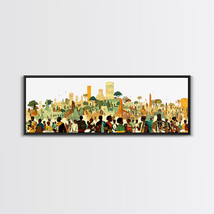 Afrofuturist African City Crowd With Skyline Wall Art, Modern African Art Print, Black Culture Decor, Urban Living Room Gift
