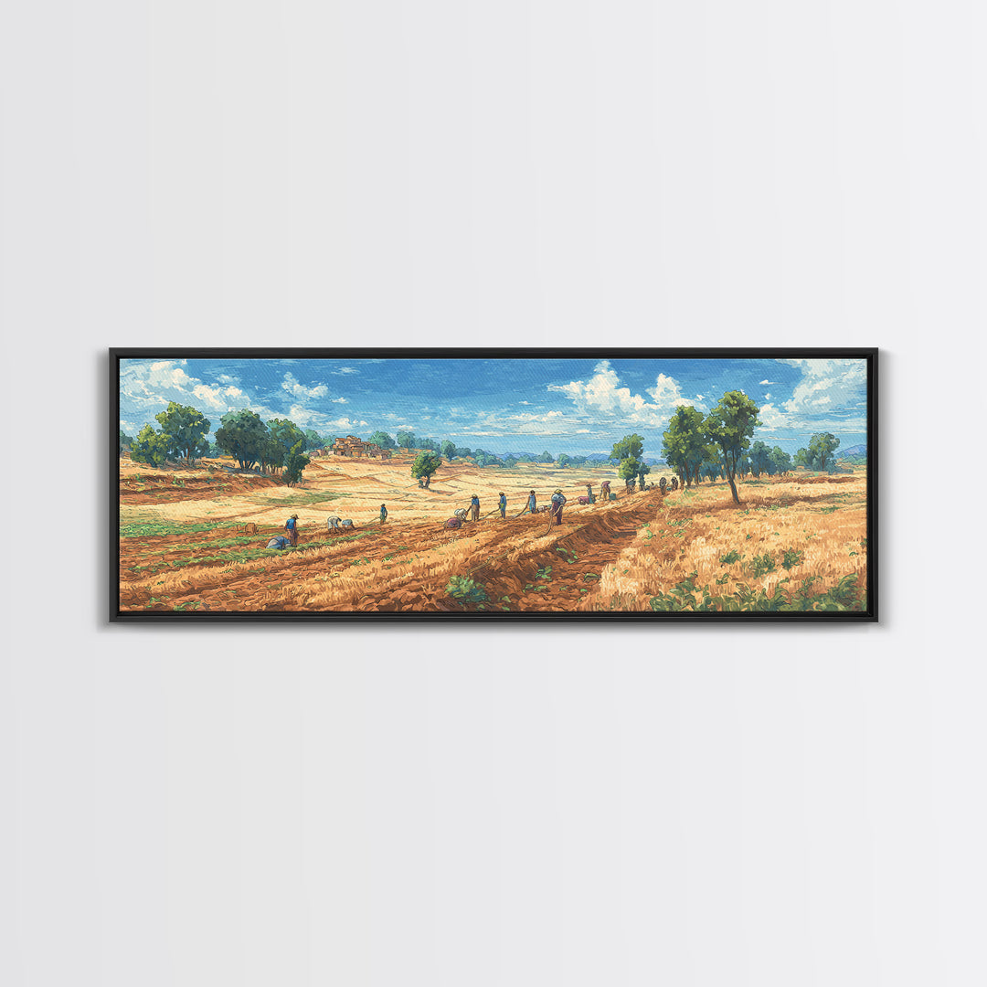 Rural African Farmers Working Golden Fields Wall Art, African Landscape Canvas Print, Safari Decor, Nature Painting Gift