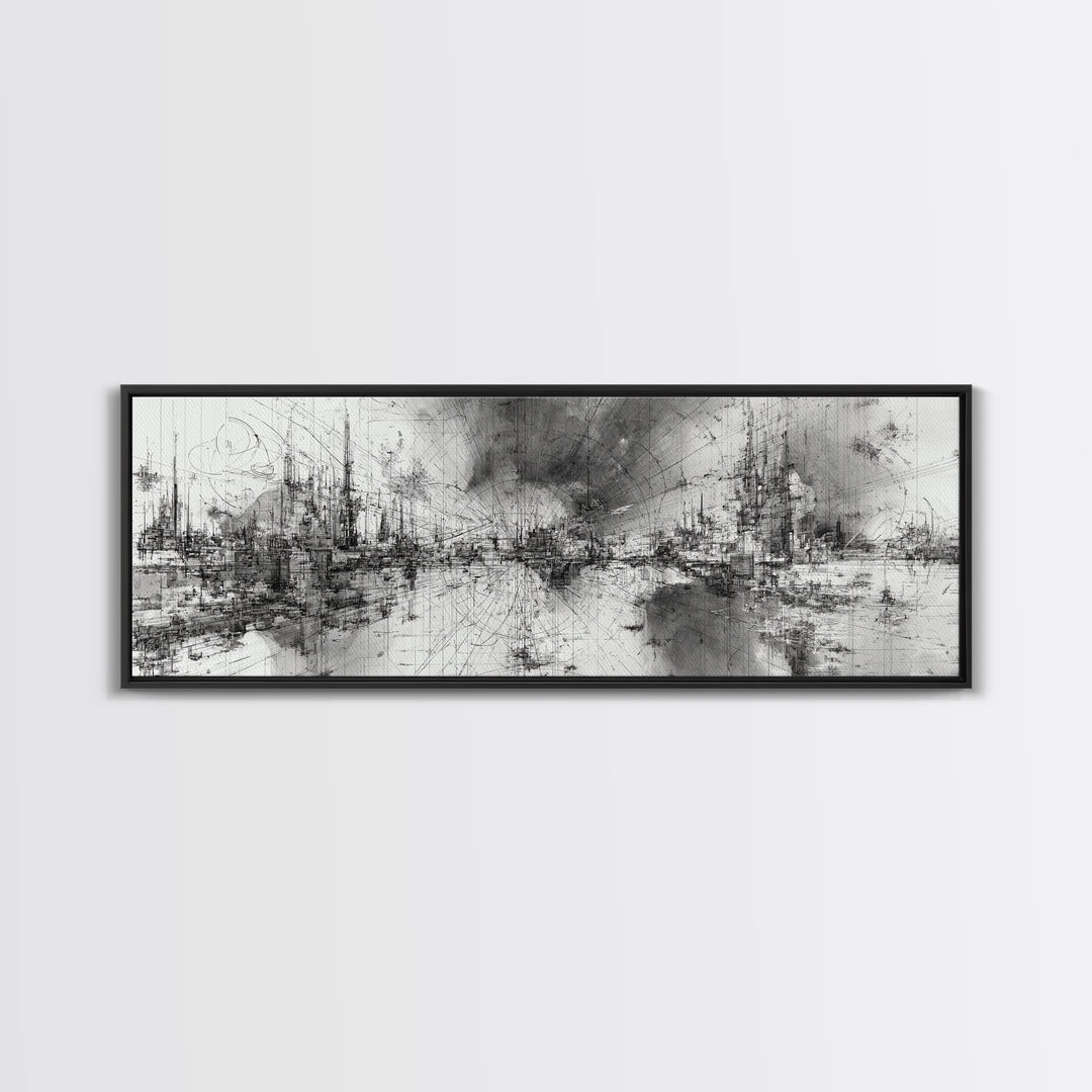 Black And White Abstract City Skyline Wall Art, Modern Canvas Print, Minimalist Office Decor, Urban Gallery Statement Gift