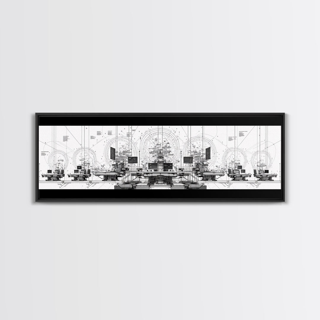Black White Futuristic Control Room Framed Canvas Print, Modern Wall Art, Office Decor, Geometric Schematic Tech Art Gift