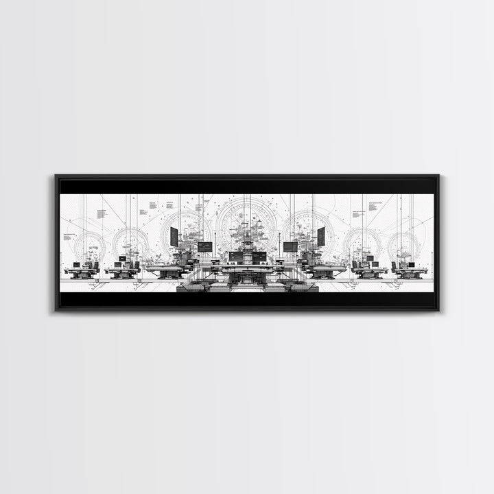 Black White Futuristic Control Room Framed Canvas Print, Modern Wall Art, Office Decor, Geometric Schematic Tech Art Gift
